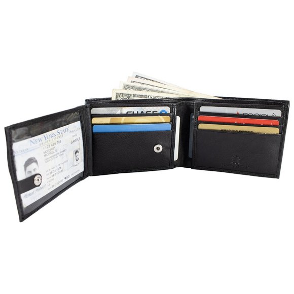 Leather Mens Wallet in Lambskin Leather, Black, Bifold Wallet - Picture 2 of 14